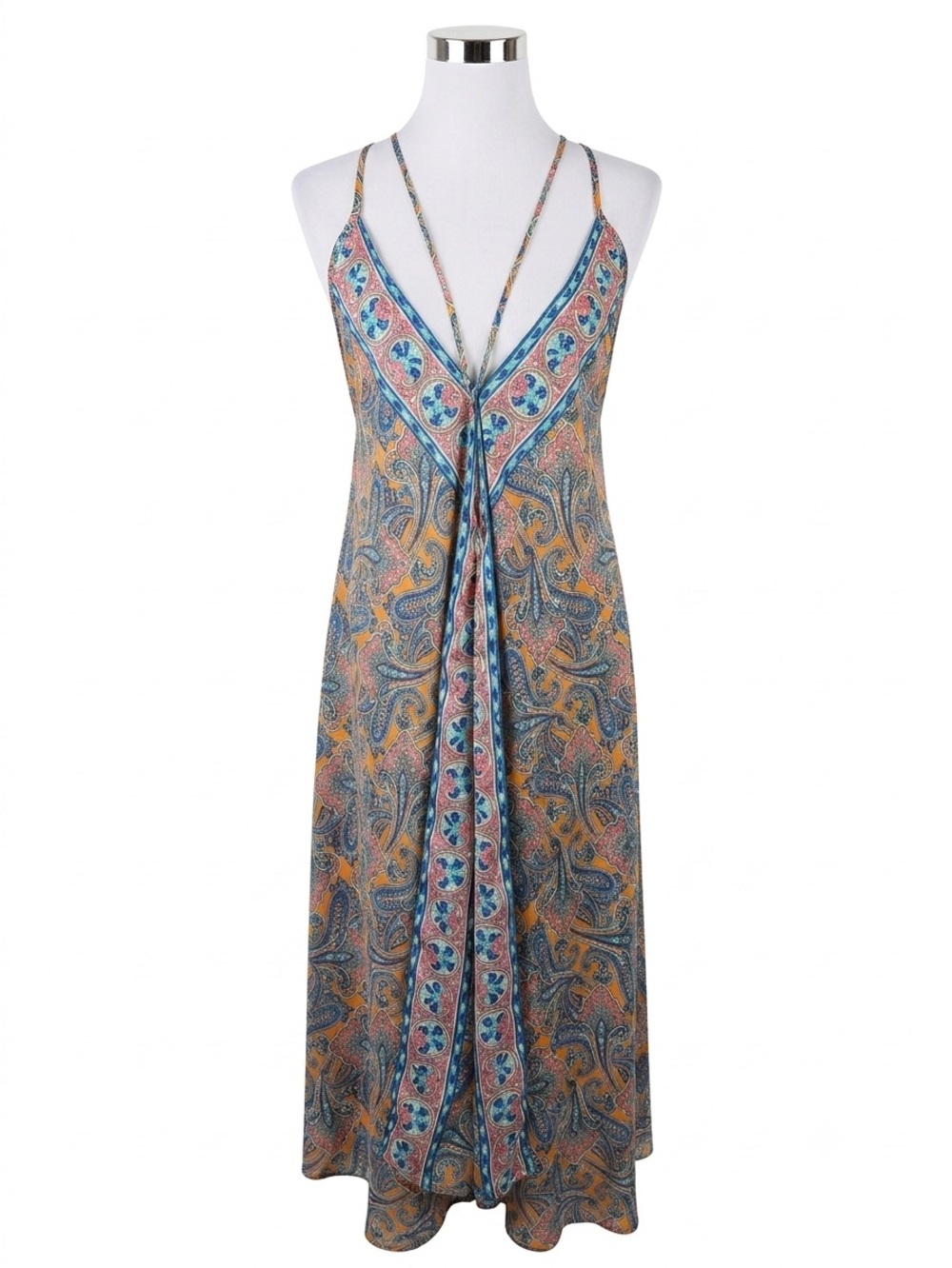 White Waves Boho Paisley Maxi Dress in Blue and Orange S/M